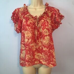 Denim & Supply Floral Ruffle flutter sleeve Red tan blouse size medium